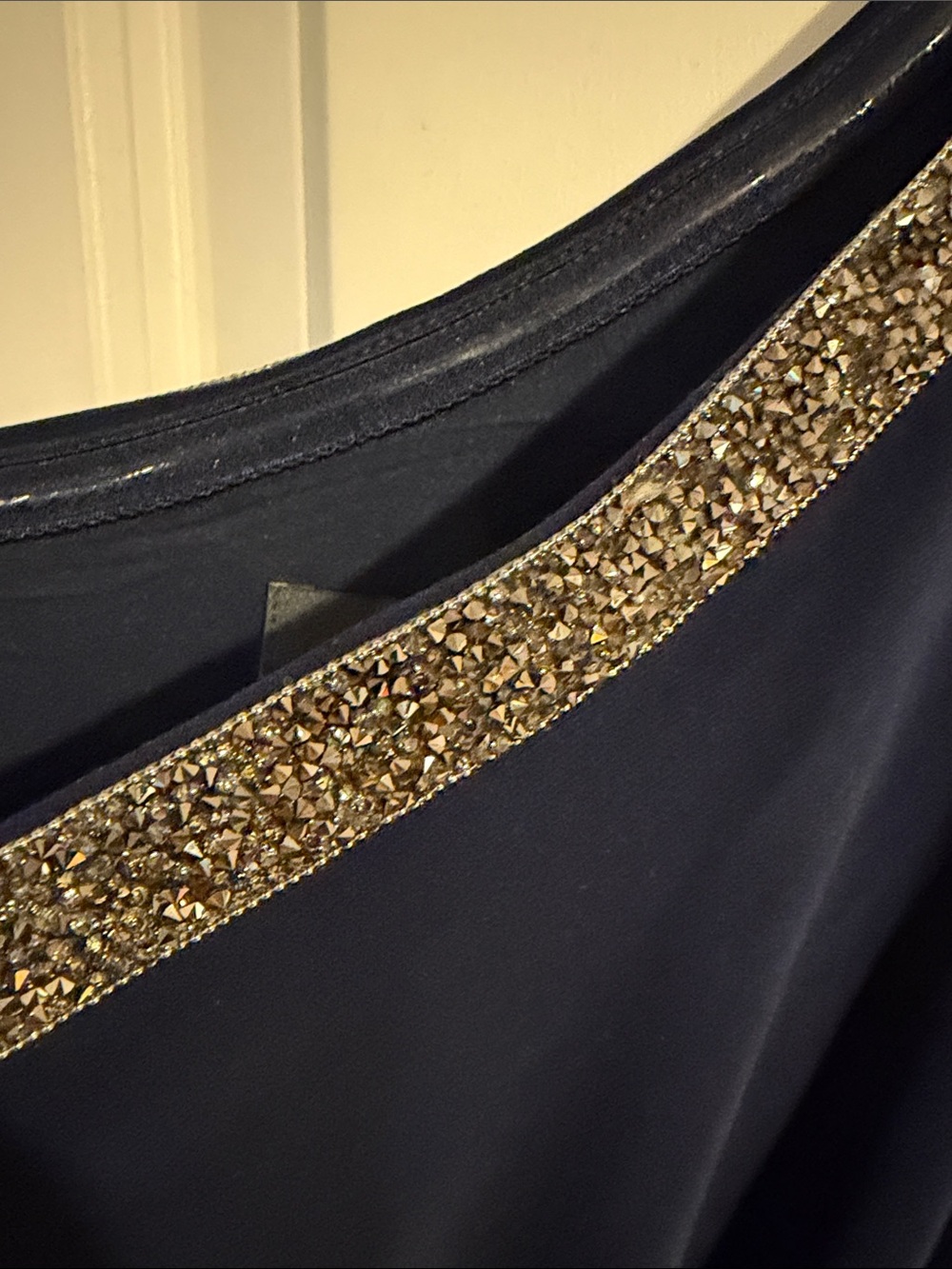 Adrianna Papell Navy One-Shoulder Gown with Metallic Trim